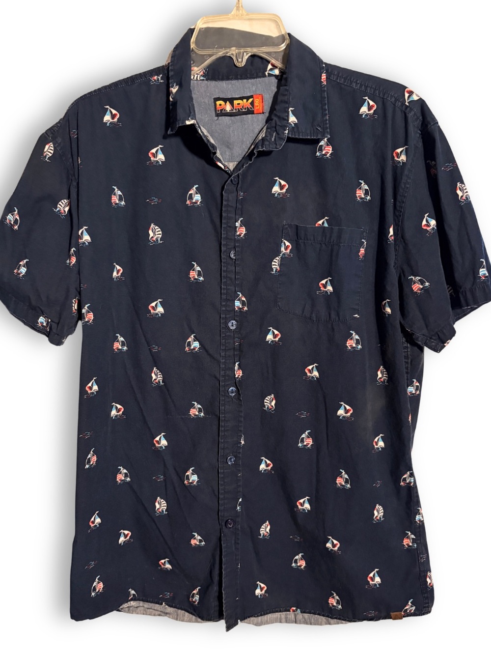 COASTAL NAUTICAL All Over Sailboat Print Button-Up Gorpcore Shirt Navy Mens SZ L